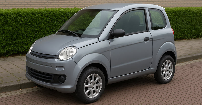 Kleine brommobiel als 45 km auto geparkeerd langs de rijbaan