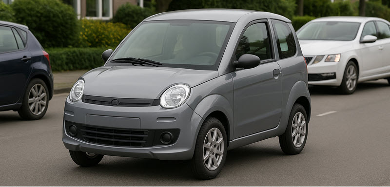 Brommobiel rijdt op de rijbaan tussen gewone auto's in de bebouwde kom