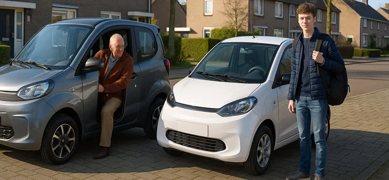 Senior en jongere vergelijken verschillende brommobielen en microcars – welke brommobiel past bij mij keuzehulp